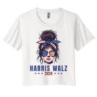 Harris Walz 2024 American Flag Messy Bun Women's Crop Top Tee