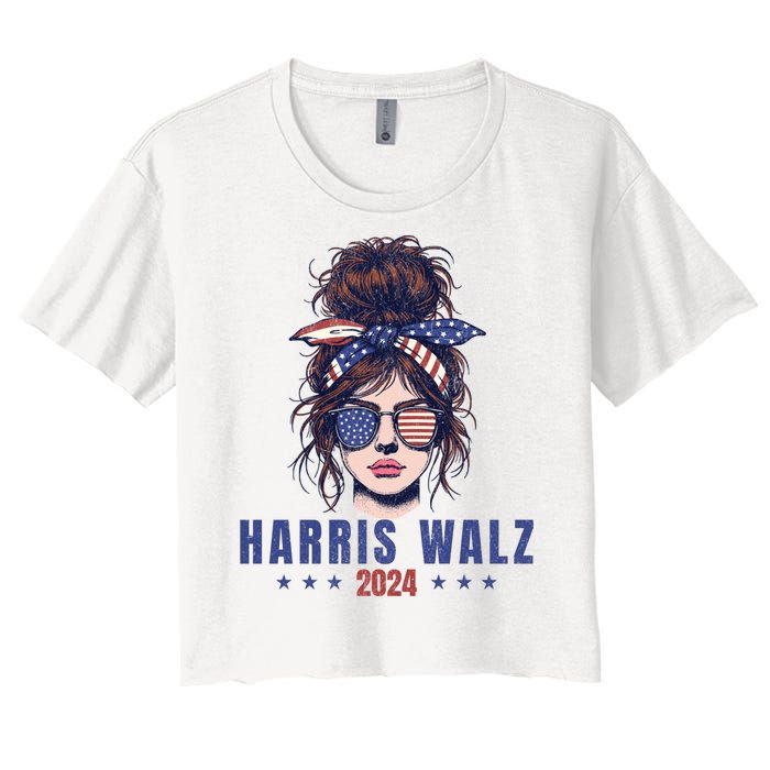 Harris Walz 2024 American Flag Messy Bun Women's Crop Top Tee