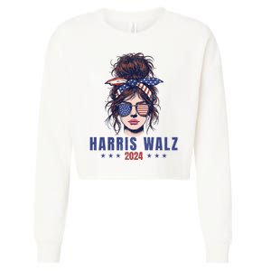 Harris Walz 2024 American Flag Messy Bun Cropped Pullover Crew