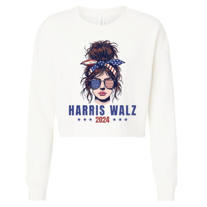 Harris Walz 2024 American Flag Messy Bun Cropped Pullover Crew