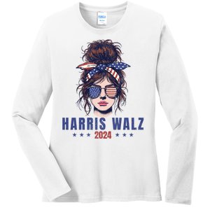 Harris Walz 2024 American Flag Messy Bun Ladies Long Sleeve Shirt