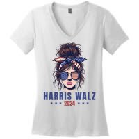 Harris Walz 2024 American Flag Messy Bun Women's V-Neck T-Shirt