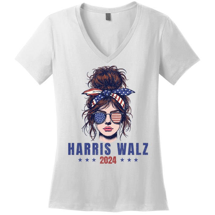 Harris Walz 2024 American Flag Messy Bun Women's V-Neck T-Shirt