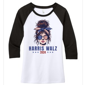 Harris Walz 2024 American Flag Messy Bun Women's Tri-Blend 3/4-Sleeve Raglan Shirt