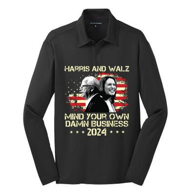 Harris Walz 2024 American Flag Mind Your Own Damn Business Silk Touch Performance Long Sleeve Polo