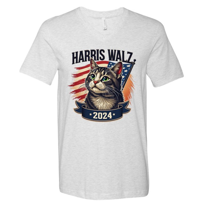 Harris Walz 2024 Funny Cat Kamala Tim Election Art V-Neck T-Shirt