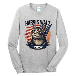 Harris Walz 2024 Funny Cat Kamala Tim Election Art Tall Long Sleeve T-Shirt