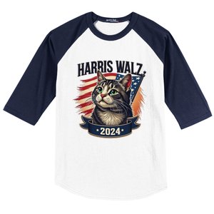 Harris Walz 2024 Funny Cat Kamala Tim Election Art Baseball Sleeve Shirt