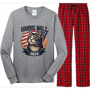 Harris Walz 2024 Funny Cat Kamala Tim Election Art Long Sleeve Pajama Set