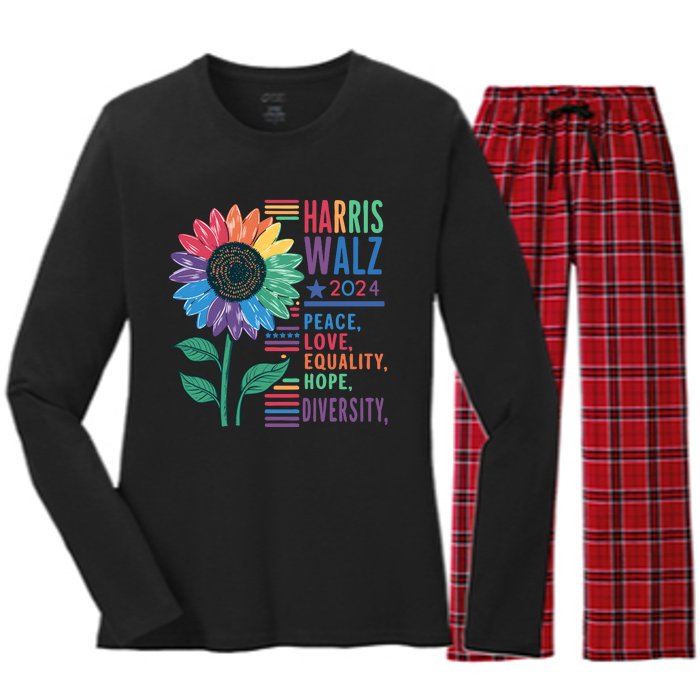 Harris Walz 2024 Peace Love Equality Hope Women's Long Sleeve Flannel Pajama Set 