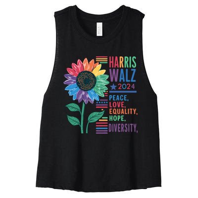 Harris Walz 2024 Peace Love Equality Hope Women's Racerback Cropped Tank