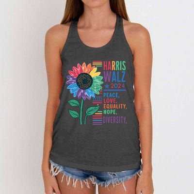 Harris Walz 2024 Peace Love Equality Hope Women's Knotted Racerback Tank