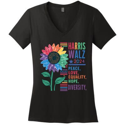 Harris Walz 2024 Peace Love Equality Hope Women's V-Neck T-Shirt