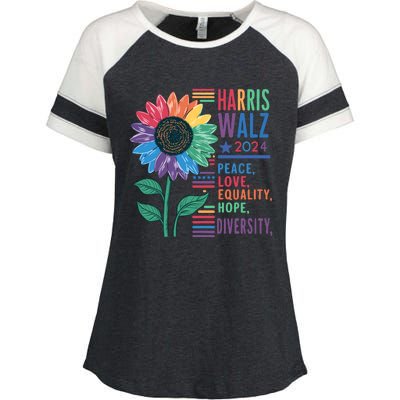 Harris Walz 2024 Peace Love Equality Hope Enza Ladies Jersey Colorblock Tee