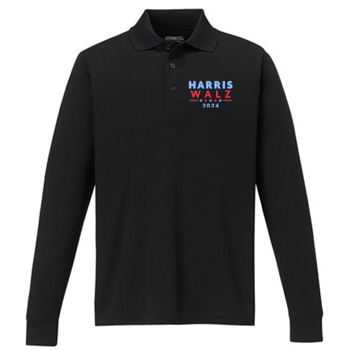 Harris Walz 2024 Election Blue Performance Long Sleeve Polo