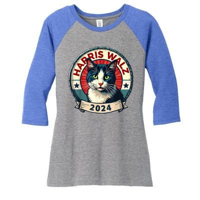 Harris Walz 2024 Funny Cat Election Women's Tri-Blend 3/4-Sleeve Raglan Shirt