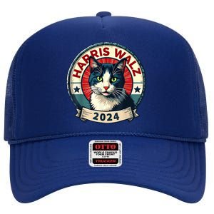 Harris Walz 2024 Funny Cat Election High Crown Mesh Back Trucker Hat