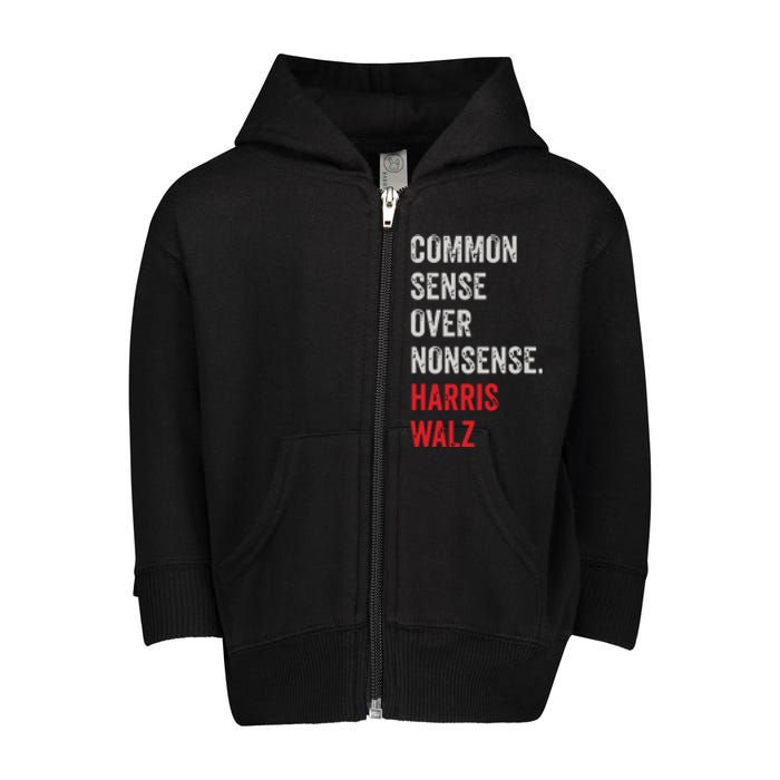 Harris Walz 2024 Common Sense Over Nonsense Toddler Zip Fleece Hoodie