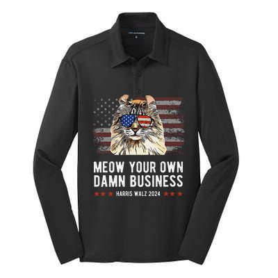 Harris Walz 2024 Mind Your Own Damn Business Funny Cat Silk Touch Performance Long Sleeve Polo