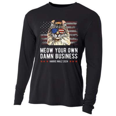 Harris Walz 2024 Mind Your Own Damn Business Funny Cat Cooling Performance Long Sleeve Crew