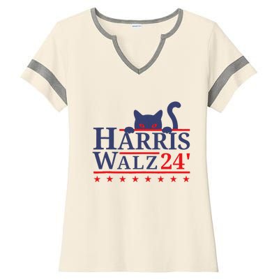 Harris Waltz 2024 Kamala Tim Cat Election Design Ladies Halftime Notch Neck Tee