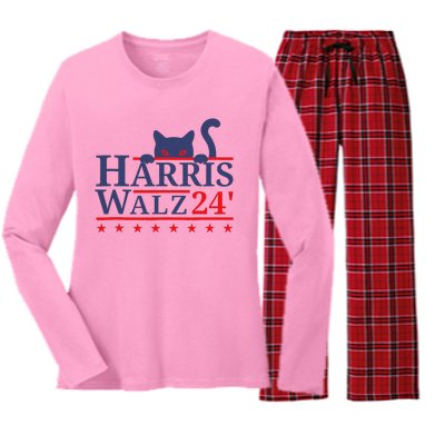 Harris Waltz 2024 Kamala Tim Cat Election Design Women's Long Sleeve Flannel Pajama Set 