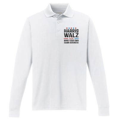 Harris Walz 2024 Mind Your Own Damn Business Performance Long Sleeve Polo