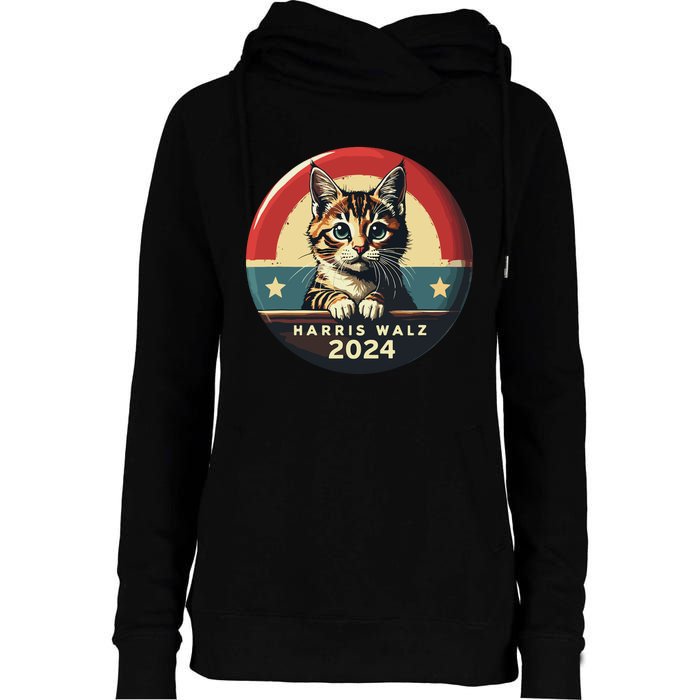 Harris Walz 2024 Funny Cat Election Kamala Harris Tim Waltz Womens Funnel Neck Pullover Hood