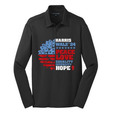 Harris Walz 2024 Peace Love Equality Diversity Hope Lgbt Silk Touch Performance Long Sleeve Polo