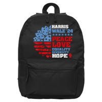 Harris Walz 2024 Peace Love Equality Diversity Hope Lgbt 16 in Basic Backpack