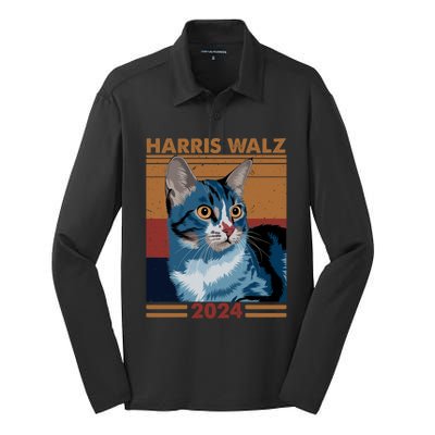 Harris Walz 2024 Funny Cat Election Kamala Harris Gift Silk Touch Performance Long Sleeve Polo