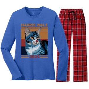 Harris Walz 2024 Funny Cat Election Kamala Harris Gift Women's Long Sleeve Flannel Pajama Set 