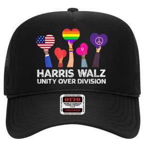 Harris Waltz 2024 Unity Over Division Kamala Harris Tim Walz High Crown Mesh Back Trucker Hat