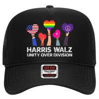 Harris Waltz 2024 Unity Over Division Kamala Harris Tim Walz High Crown Mesh Back Trucker Hat