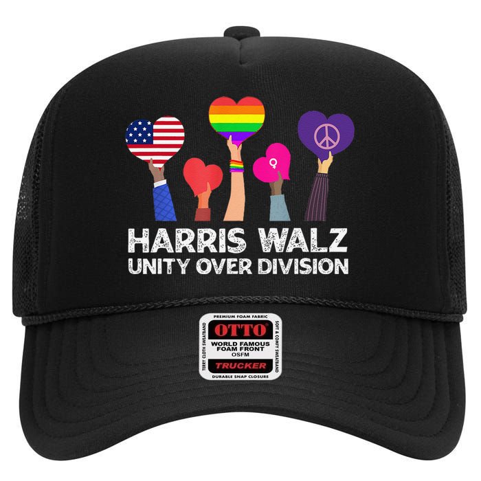 Harris Waltz 2024 Unity Over Division Kamala Harris Tim Walz High Crown Mesh Back Trucker Hat