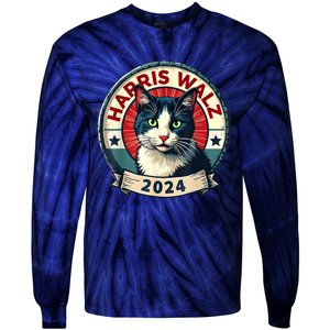 Harris Walz 2024 Funny Cat Election Kamala Harris Tim Waltz Tie-Dye Long Sleeve Shirt