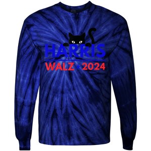 Harris Walz 2024 Funny Cat Election Kamala Harris Tim Waltz Tie-Dye Long Sleeve Shirt