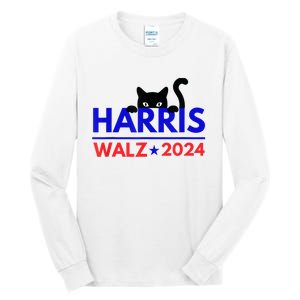 Harris Walz 2024 Funny Cat Election Kamala Harris Tim Waltz Tall Long Sleeve T-Shirt