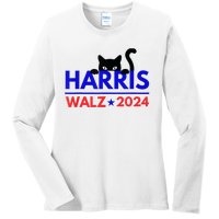 Harris Walz 2024 Funny Cat Election Kamala Harris Tim Waltz Ladies Long Sleeve Shirt