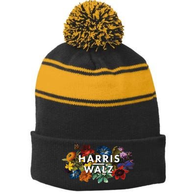 Harris Walz 2024 Floral Feminine Women Harris Waltz 2024 Gift Stripe Pom Pom Beanie