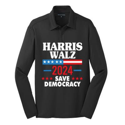 Harris Walz 2024 Save Democracy Silk Touch Performance Long Sleeve Polo