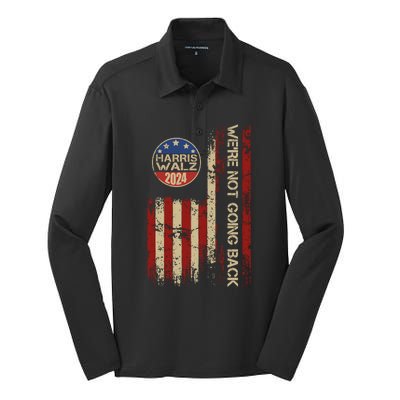 Harris Waltz 2024 Election Were Not Going Back Usa Flag Silk Touch Performance Long Sleeve Polo