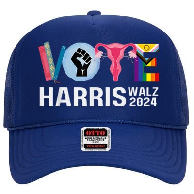 Harris Walz 24 Vote Books Lgbt Election High Crown Mesh Back Trucker Hat