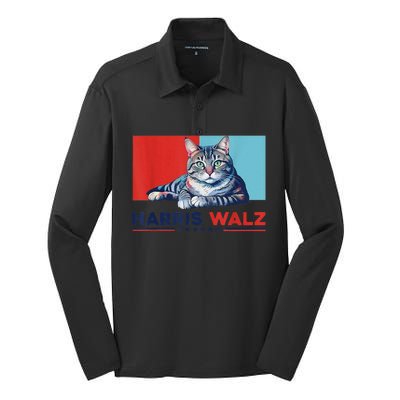 Harris Walz 2024 Funny Cat Election Kamala Harris Silk Touch Performance Long Sleeve Polo