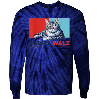 Harris Walz 2024 Funny Cat Election Kamala Harris Tie-Dye Long Sleeve Shirt