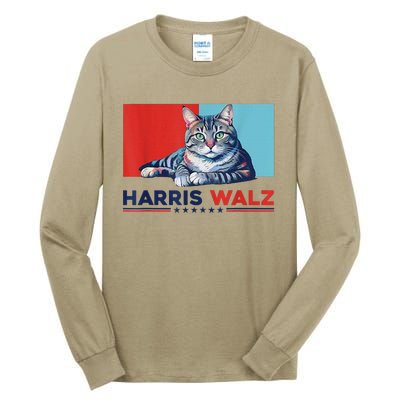 Harris Walz 2024 Funny Cat Election Kamala Harris Tall Long Sleeve T-Shirt