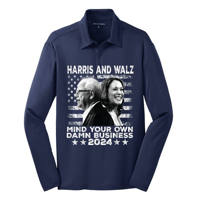 Harris Walz 2024 Mind Your Own Damn Business Silk Touch Performance Long Sleeve Polo