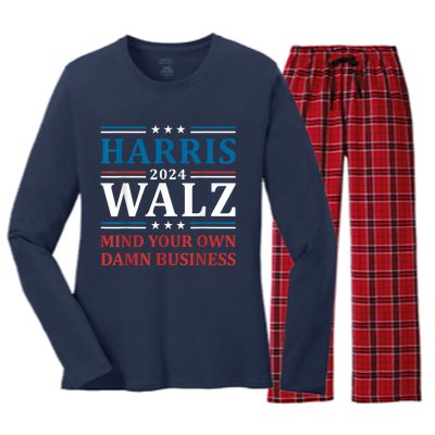 Harris Walz 2024 Mind Your Own Damn Business Women's Long Sleeve Flannel Pajama Set 