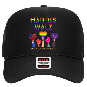 Harris Waltz 2024 Unity Over Division Kamala Harris Tim Walz High Crown Mesh Back Trucker Hat