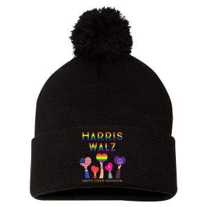 Harris Waltz 2024 Unity Over Division Kamala Harris Tim Walz Pom Pom 12in Knit Beanie